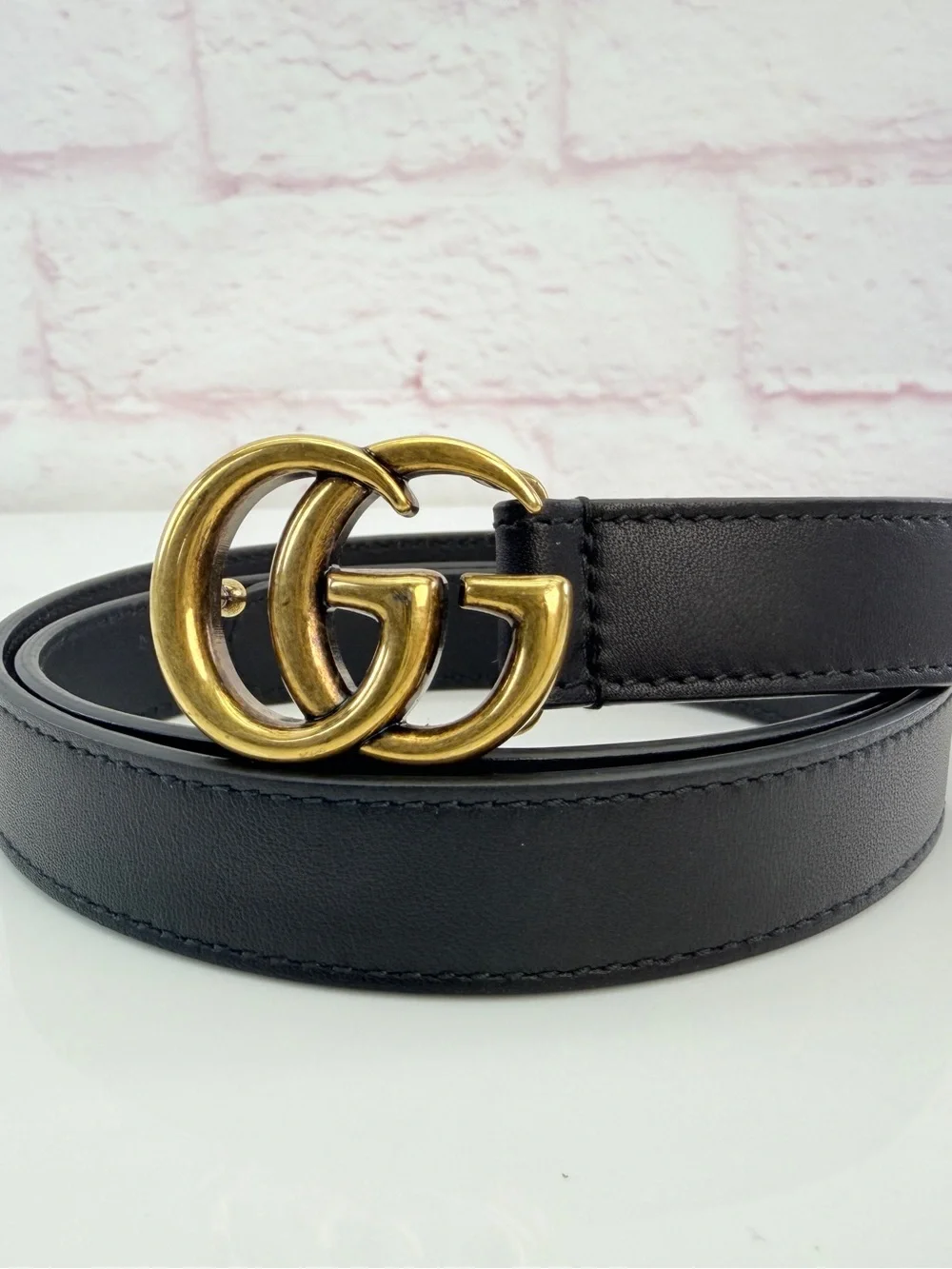 Gucci Gg Marmont Slim Black Leather Double G Belt Gold Buckle 409417 85/34